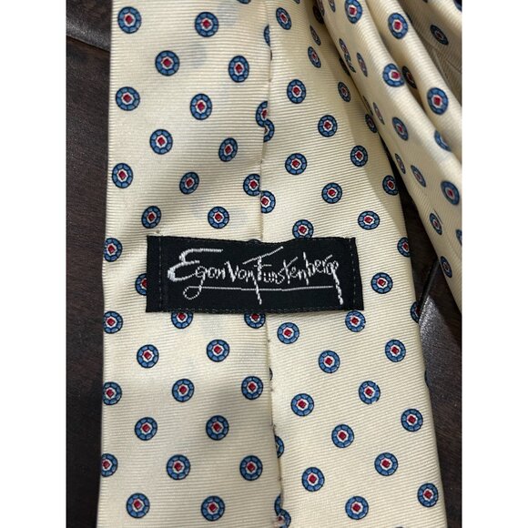 Egon Von Furstenberg Designer Tie Beige With Blue Red Circle Pattern Silk - Picture 3 of 8